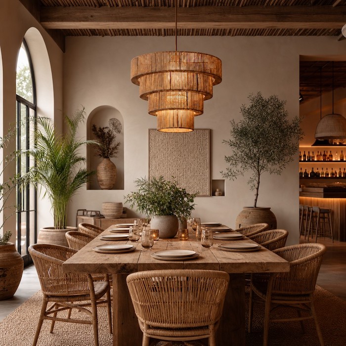 Modern boho pendant lighting above a dining table with cane chairs
