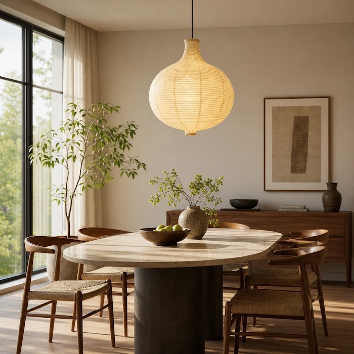Schwebende kugelförmige Papierlampe über einem ovalen Esstisch