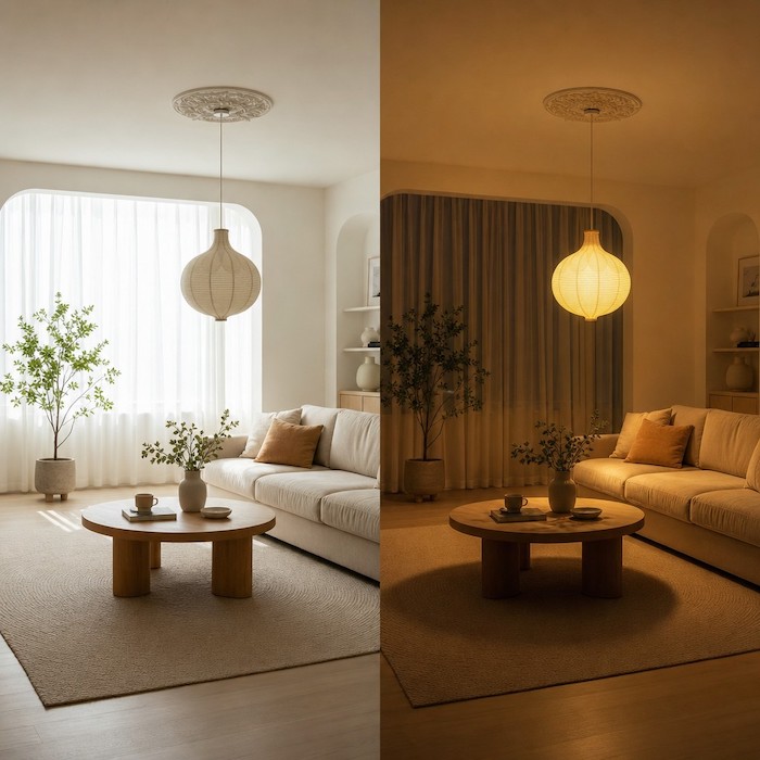 Vergleich der Farbtemperatur im Wohnzimmer zwischen Tageslicht und warmem 2700K-Abendlicht