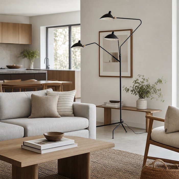 Eine zierliche, mattschwarze Stehlampe aus Eisen dient als struktureller, optischer Ankerpunkt in einem offen gestalteten Wohnzimmer in neutralen Farbtönen.
