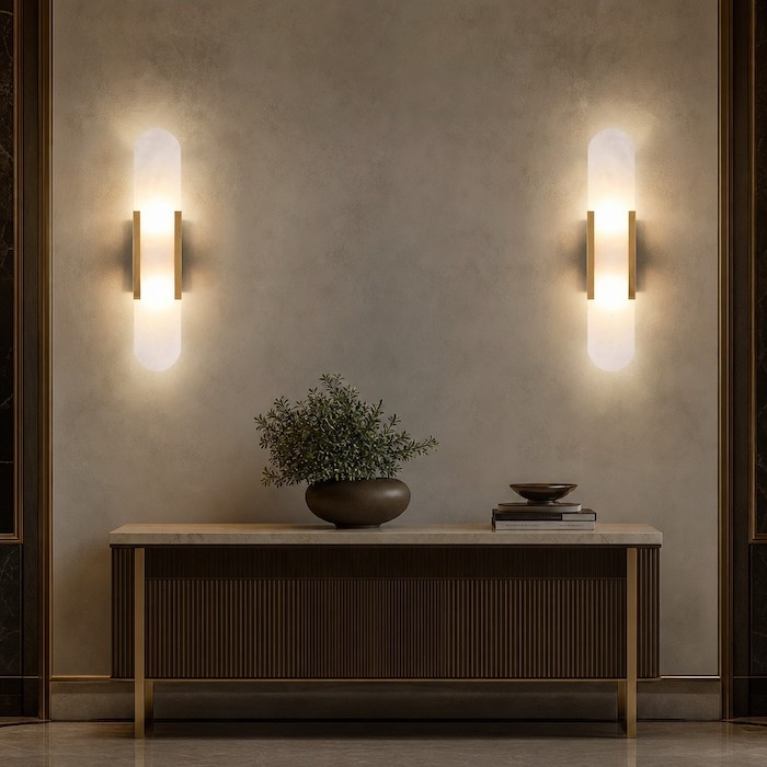 Symmetrische, vertikale Steinwandlampen erzeugen ein sanftes, stimmungsvolles Licht in einem luxuriösen Speisesaal.
