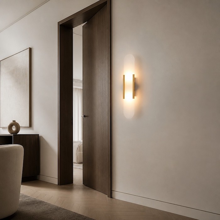Eine flache, vertikale Steinwandleuchte, elegant angebracht an der Wand eines luxuriösen Wohnzimmers.