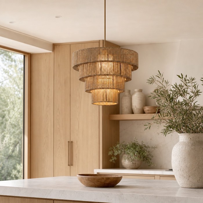 Organic modern kitchen island lighting featuring braided cotton hanging lights