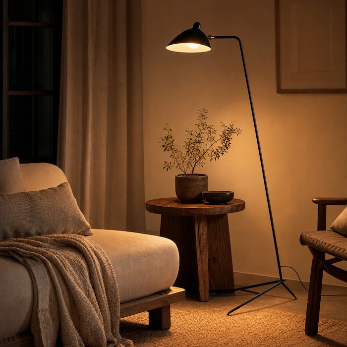 Soft warm white 3000K light bouncing from the white interior of a black lamp shade in an evening corner.