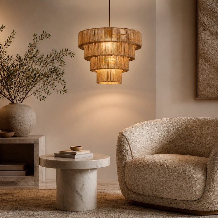 Modern boho pendant lighting styling a textured living room corner