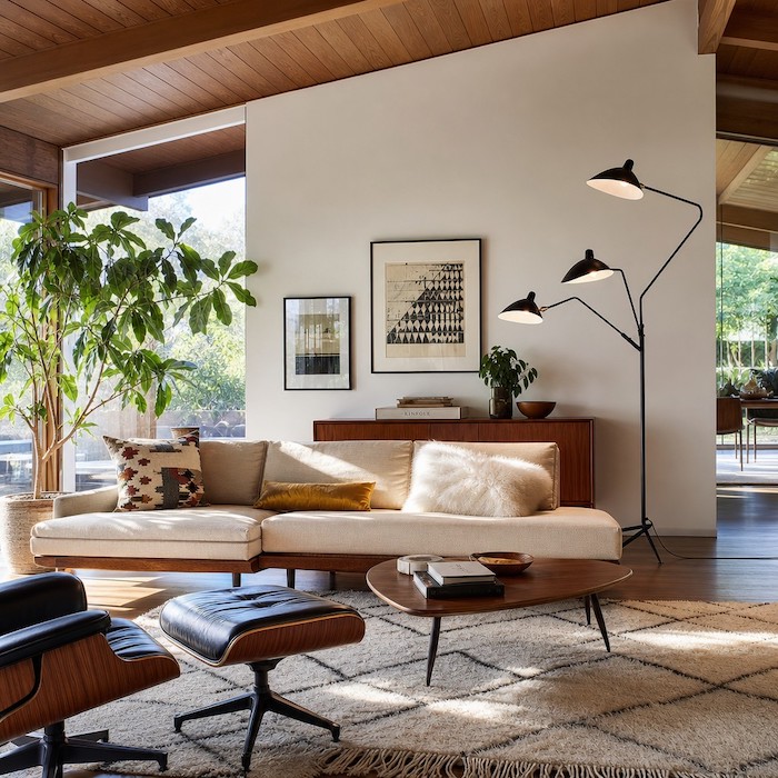 Wohnzimmer mit hoher Decke und einer hohen, mehrarmigen, architektonisch anmutenden schwarzen Stehlampe.