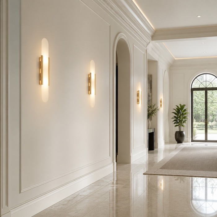 Lineare Wandleuchten aus Stein unterstreichen die klaren architektonischen Proportionen des Foyers eines Luxushauses.