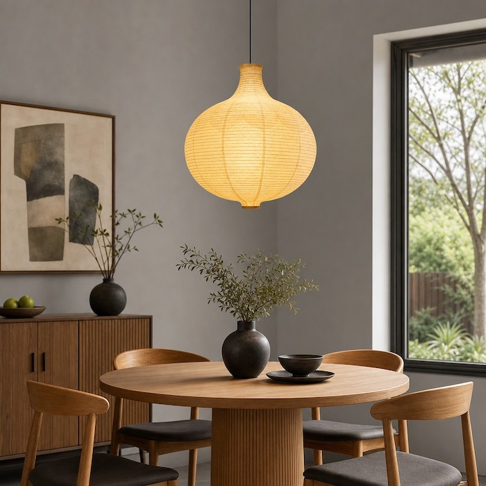 Ein moderner Esstisch, kombiniert mit einer perfekt proportionierten runden Papierlampe.