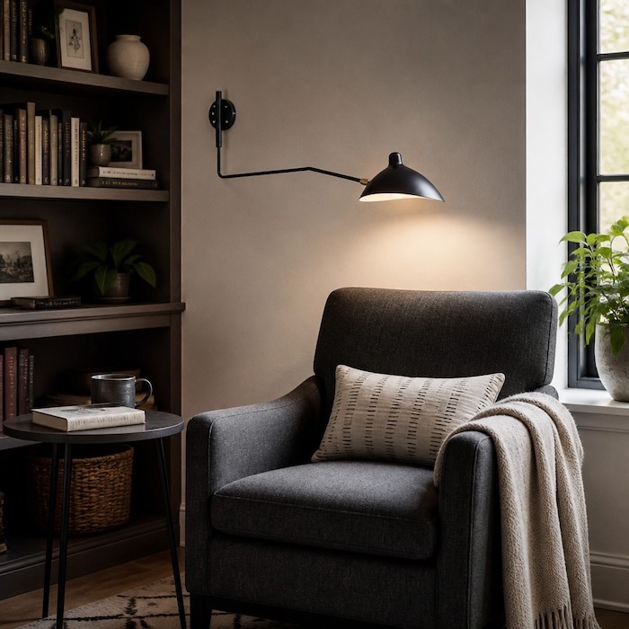 Industrielle, mattschwarze Wandleuchte mit verstellbarem Gelenkarm, die über einem eleganten Lesesessel angebracht ist.