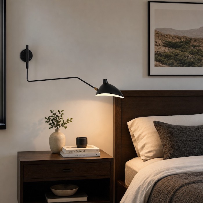 Wandleuchte mit ausziehbarem, verstellbarem Arm, in perfekter Höhe neben einem modernen Bett angebracht.