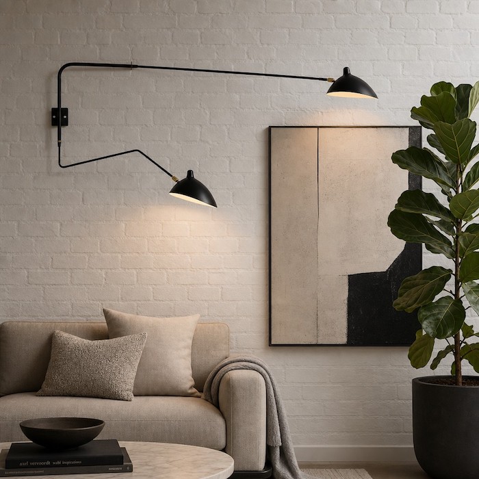Raffinierte, asymmetrische Wandgestaltung mit einer langen, schwarzen Metallwandleuchte und minimalistischer abstrakter Kunst.