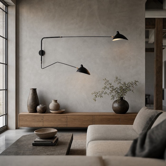 Große Wohnzimmerwand mit einer langen, schwarzen, verstellbaren Armlampe über einem modernen Holz-Sideboard.