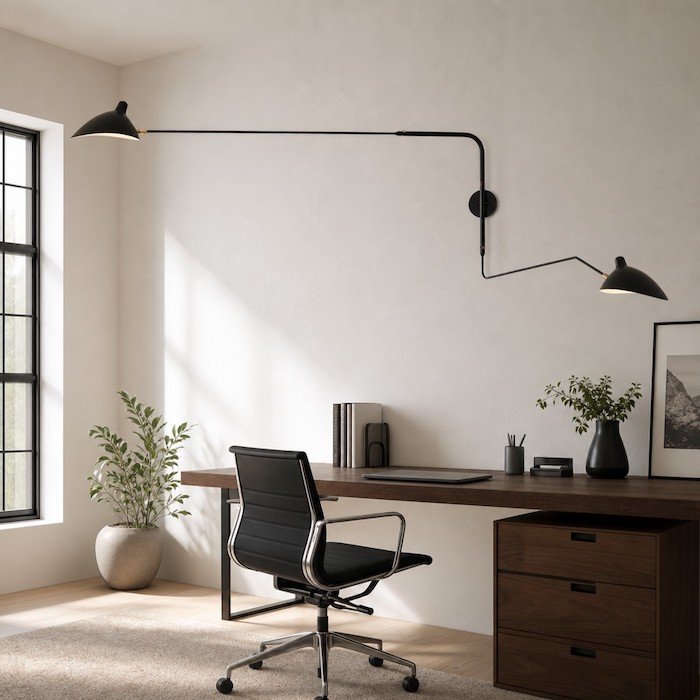 Ein linearer, schwarzer Metallarm einer industriellen Wandleuchte bildet eine geometrische Rahmenlinie über einem Schreibtisch im Homeoffice.
