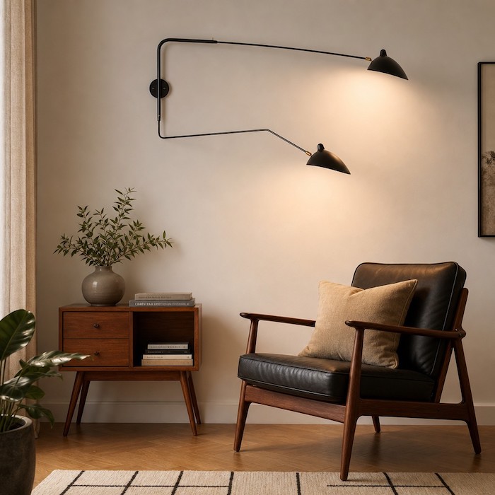 Offener Wohnbereich, der dank einer an der Wand montierten Schwenkarmlampe ein aufgeräumtes Ambiente schafft.