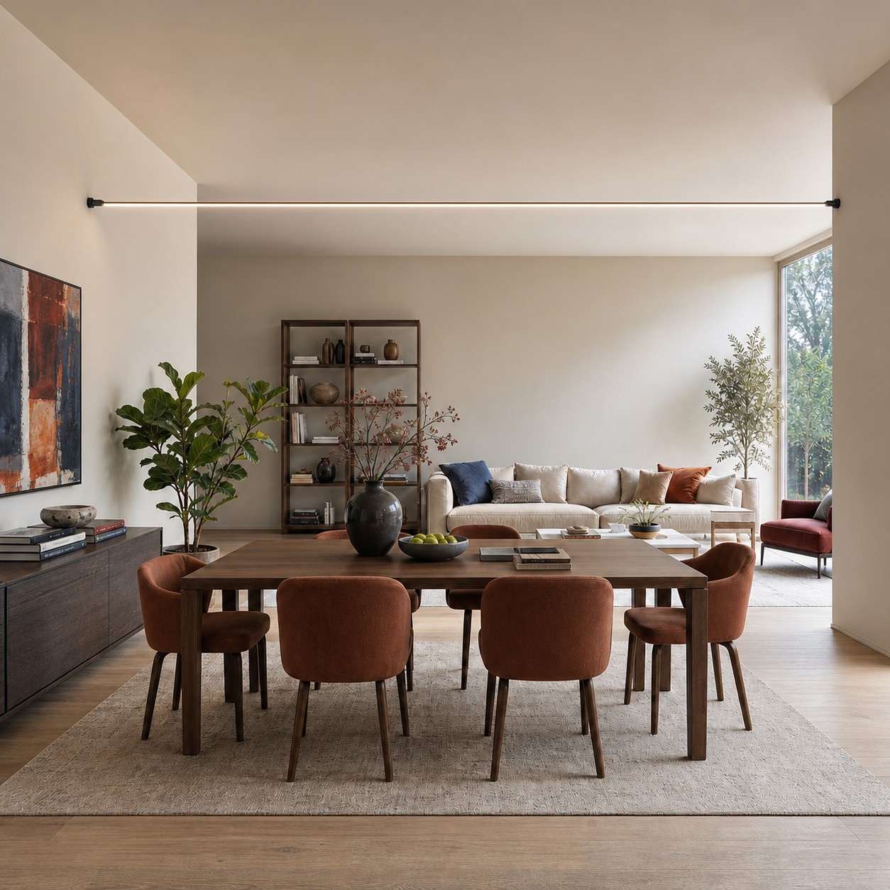 A straight wall-supported light line connects living and dining zones without dividing them.