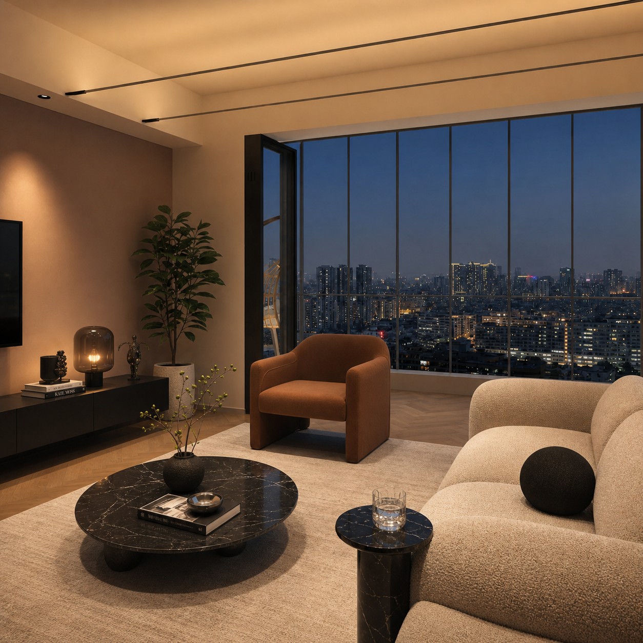 Black straight-span chandelier with warm light in a modern interior.