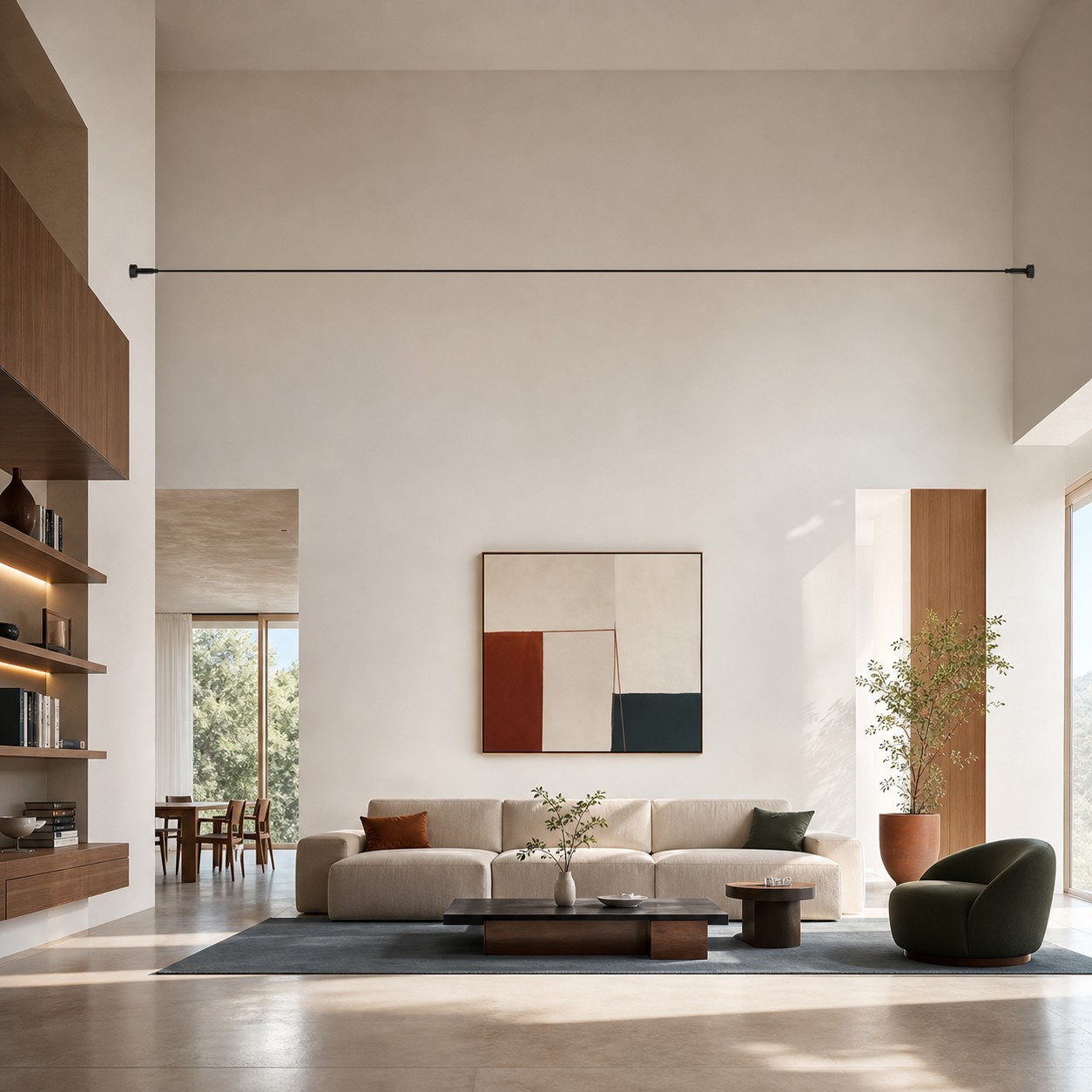 A selected artwork, generous spacing, and one straight lighting axis establish visual hierarchy.