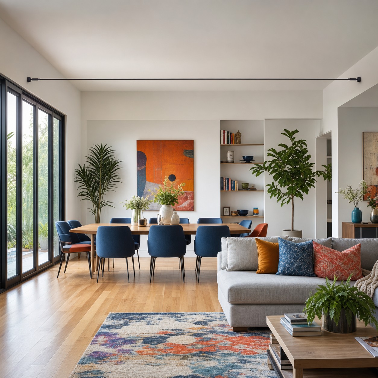 Wall-supported linear span creating one axis across an open-plan room.