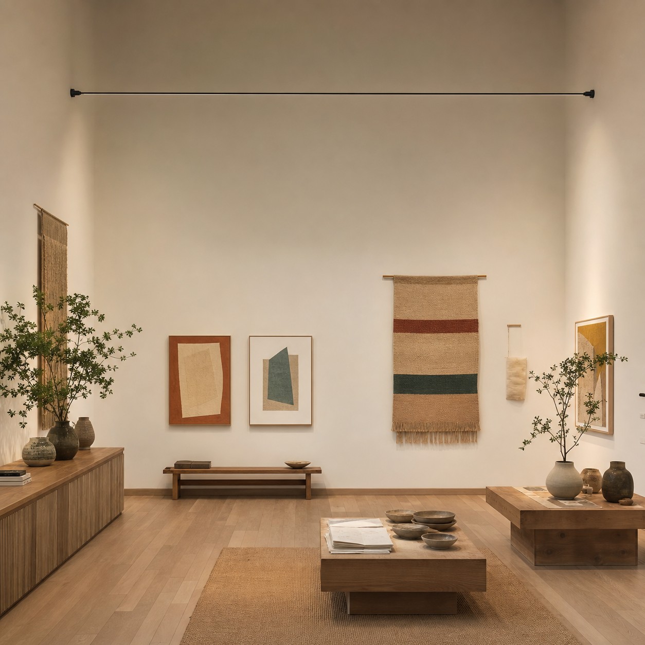 Controlled layered lighting around sensitive art and a straight architectural light line.