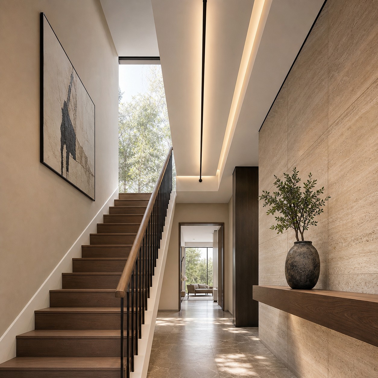 A quiet straight lighting datum curates a tall entry without adding more decor.
