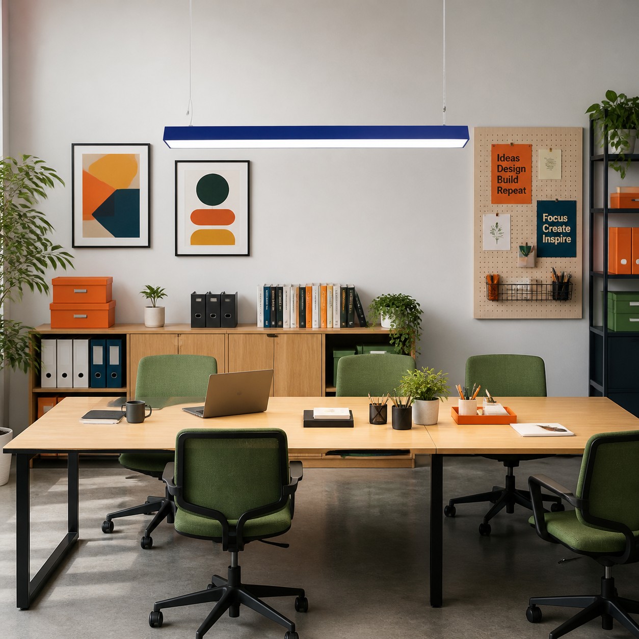 Blue Edge pendant drawing a clear line above a shared desk.
