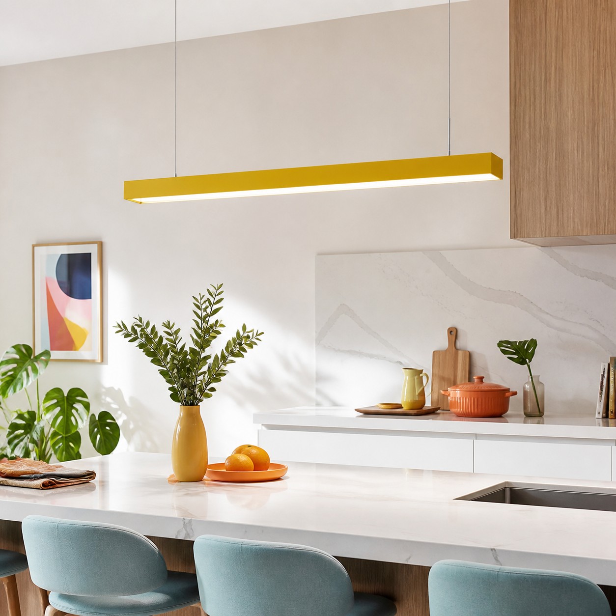 Yellow Edge pendant with two restrained color echoes in a white kitchen.