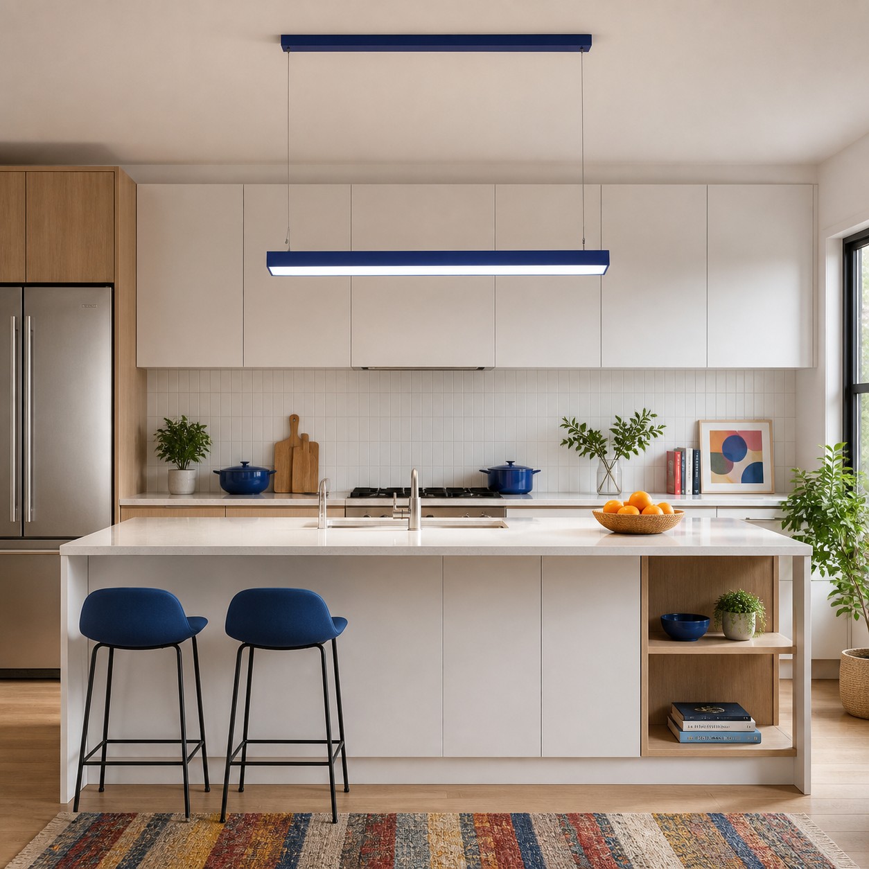 Blue Edge pendant above a white kitchen work island.