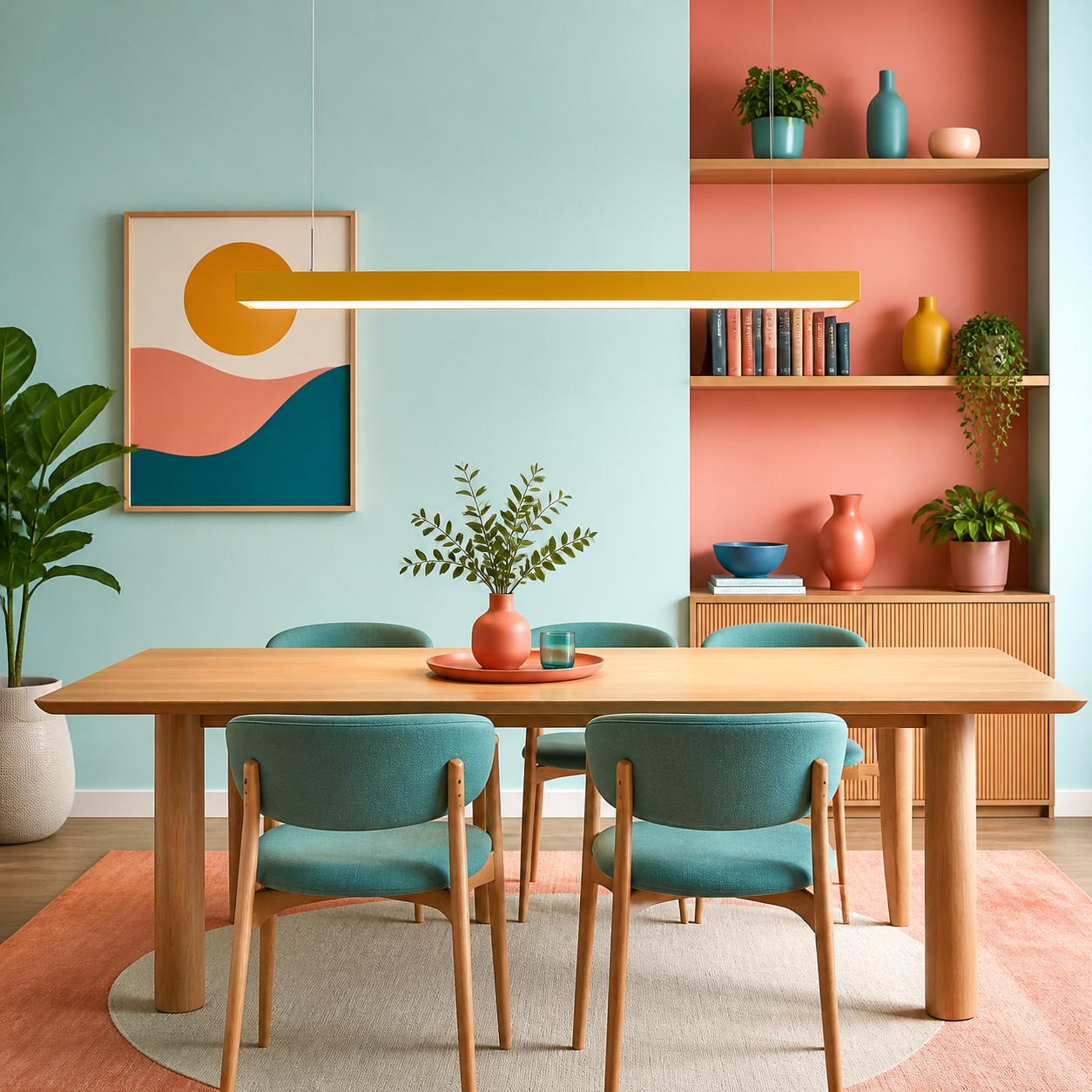 Yellow Edge pendant adding overhead color without surface clutter.