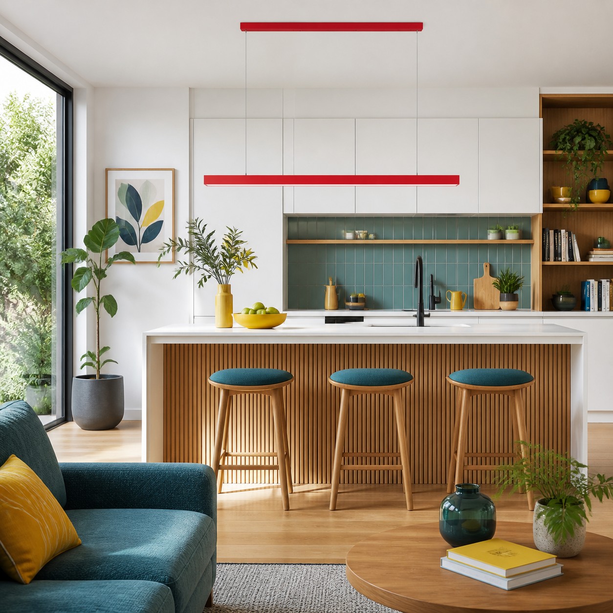 Red Edge pendant aligned with a white kitchen island from the adjoining room.