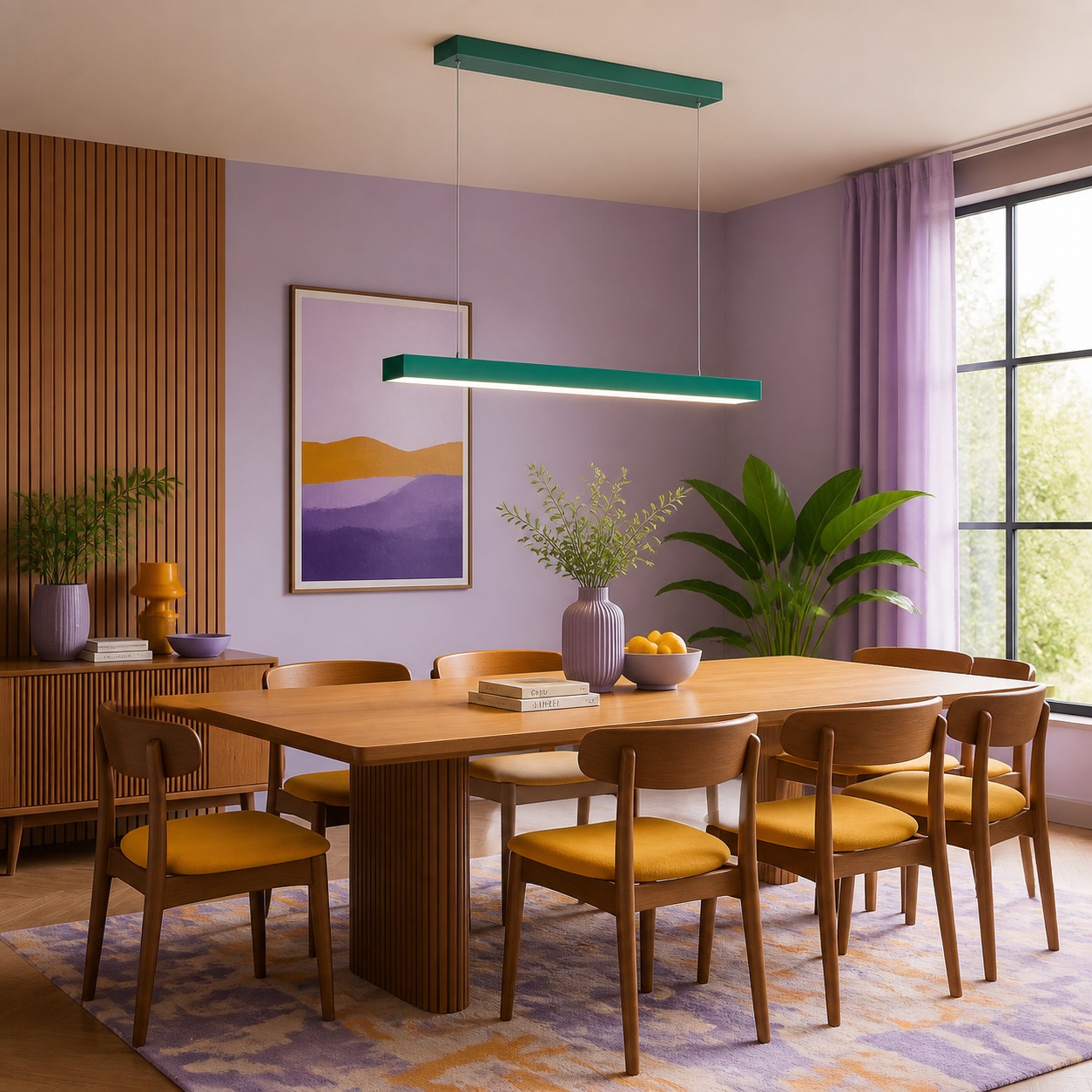 Green Edge pendant aligned with the occupied dining surface.