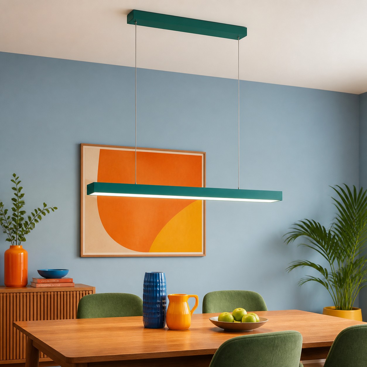Green Edge pendant showing the full ceiling-to-table alignment.