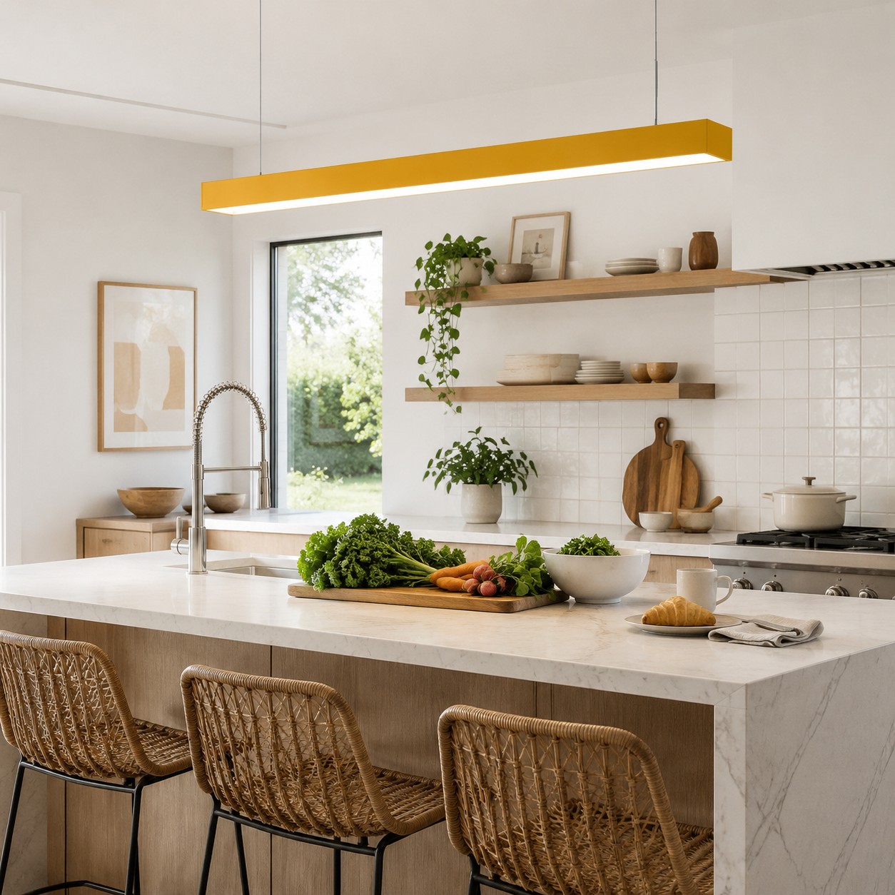 Yellow rectangular pendant visually aligned with a working kitchen island