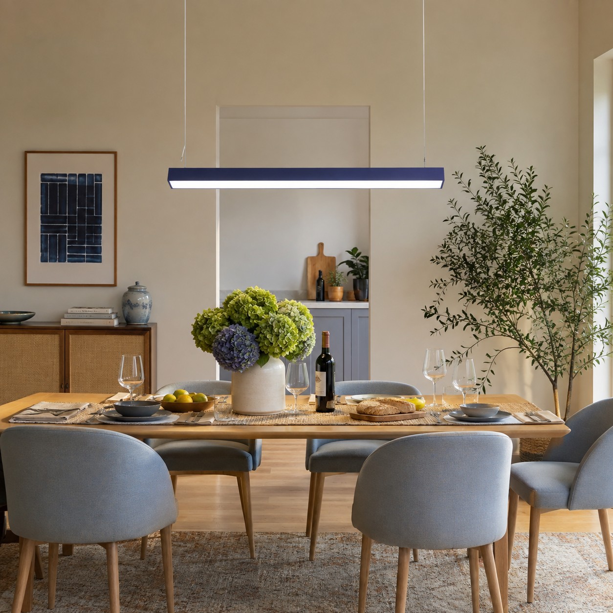 Blue rectangular pendant checked from seated and walking viewpoints