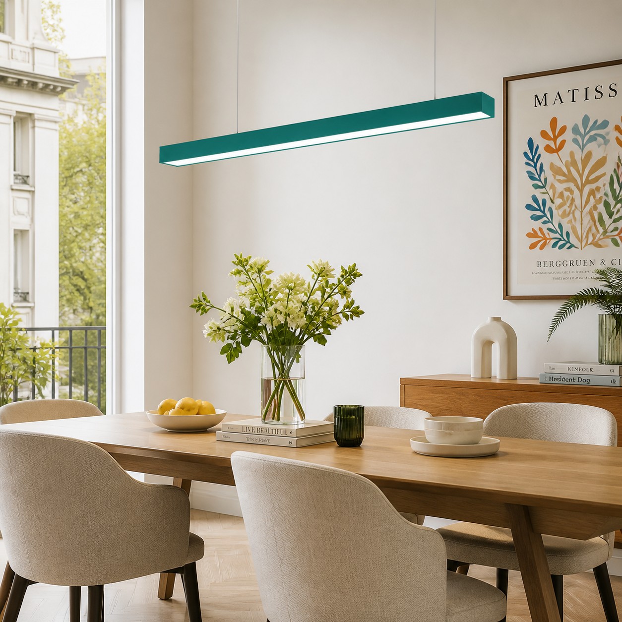 Green rectangular pendant checked at full scale above a long oak dining table