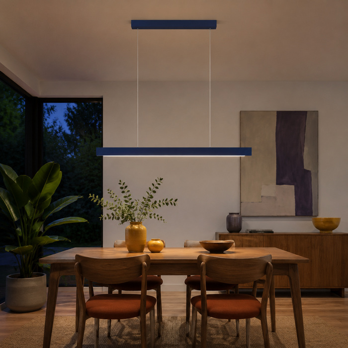Blue rectangular pendant aligned with the dining activity seen from the entrance