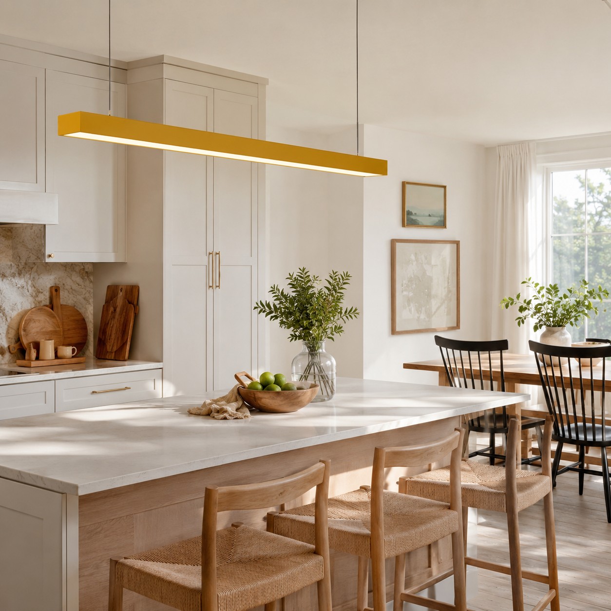Yellow rectangular pendant acting as one controlled color destination