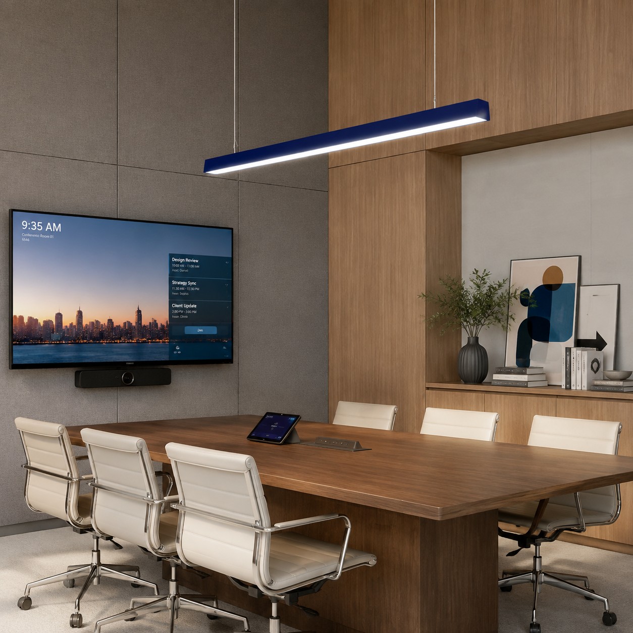 Blue rectangular pendant tested with faces and a meeting room screen