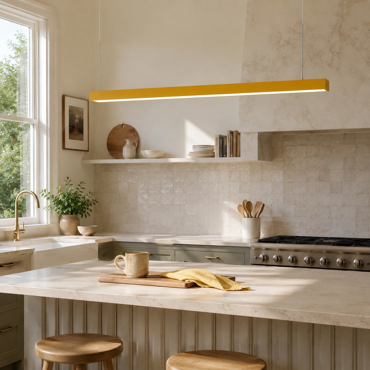 Yellow rectangular pendant adding one controlled color note above a pale kitchen island