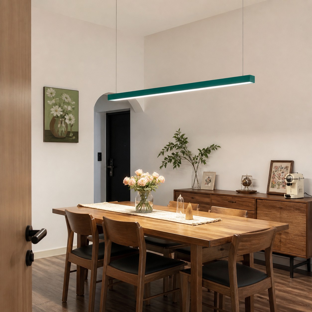 Green rectangular pendant tested at full scale above a dining table