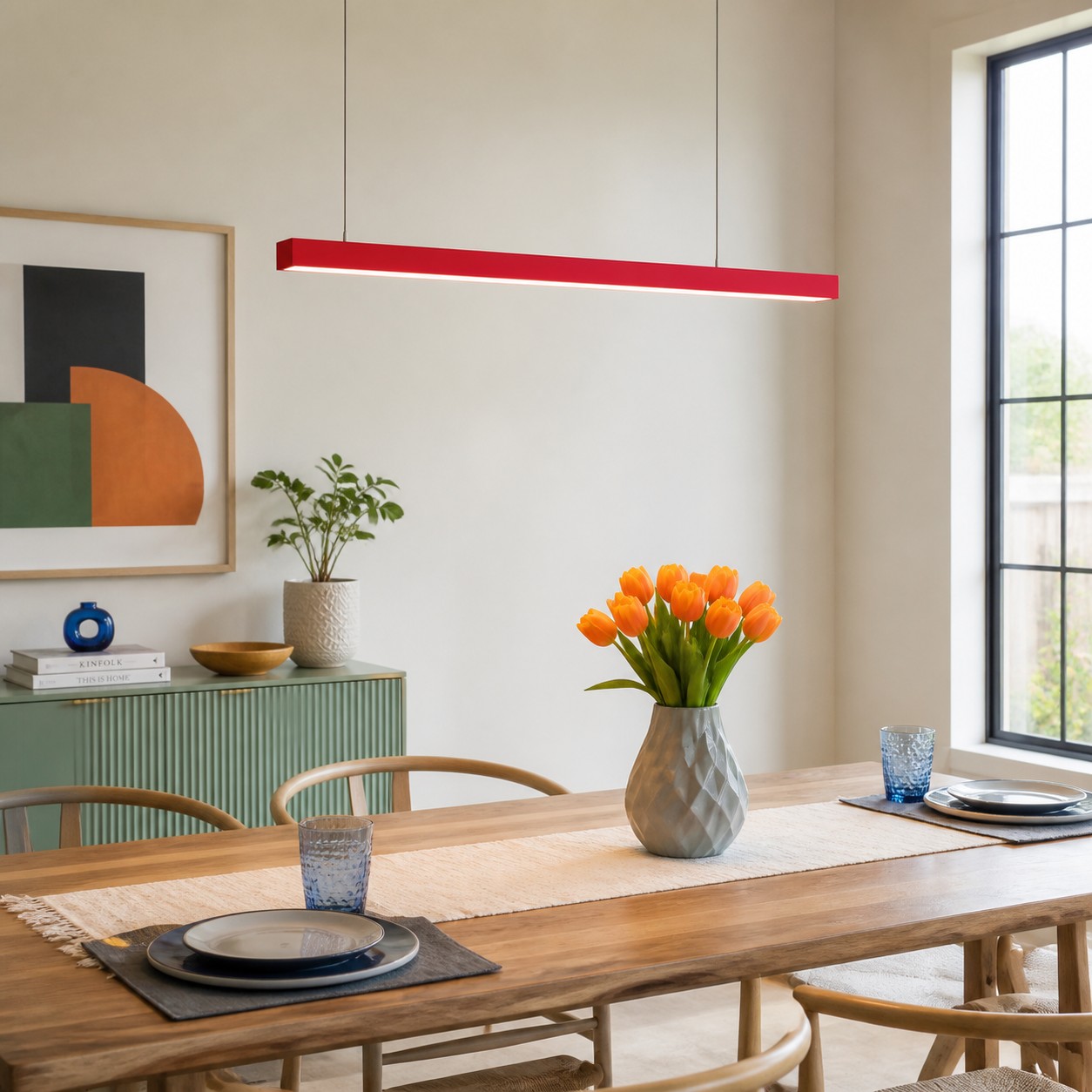 Full-size red Edge pendant mock-up above a long table