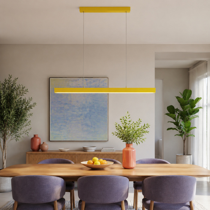 Yellow Edge pendant relating to oak and muted violet without clutter