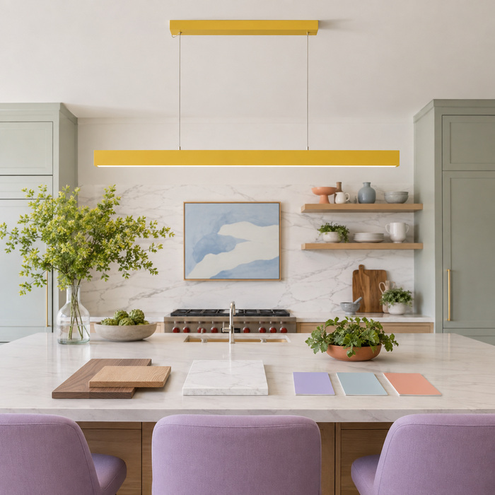 Yellow Edge pendant compared with the room’s fixed wood and stone colors