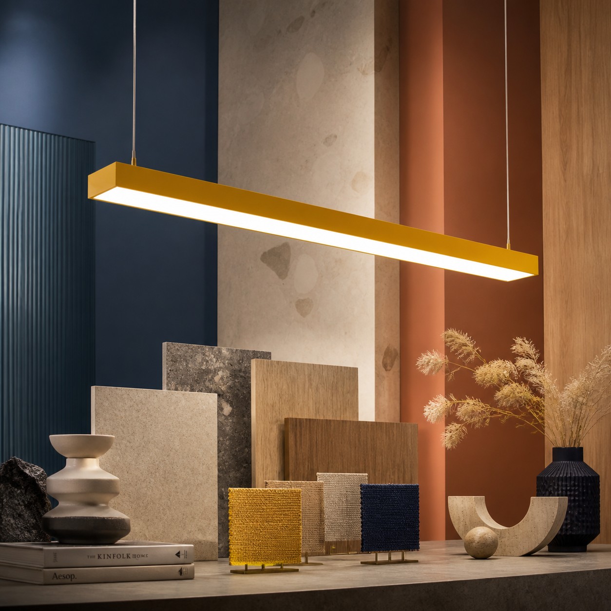 Yellow Edge pendant compared with physical wood, stone, and textile samples