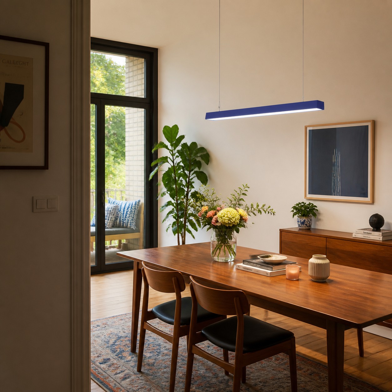 Blue Edge pendant aligned with the occupied end of a dining table