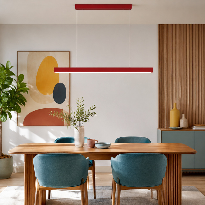 Red Edge pendant anchoring an edited, uncluttered dining room