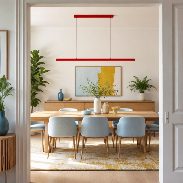 Red Edge pendant aligned with a dining table from the doorway