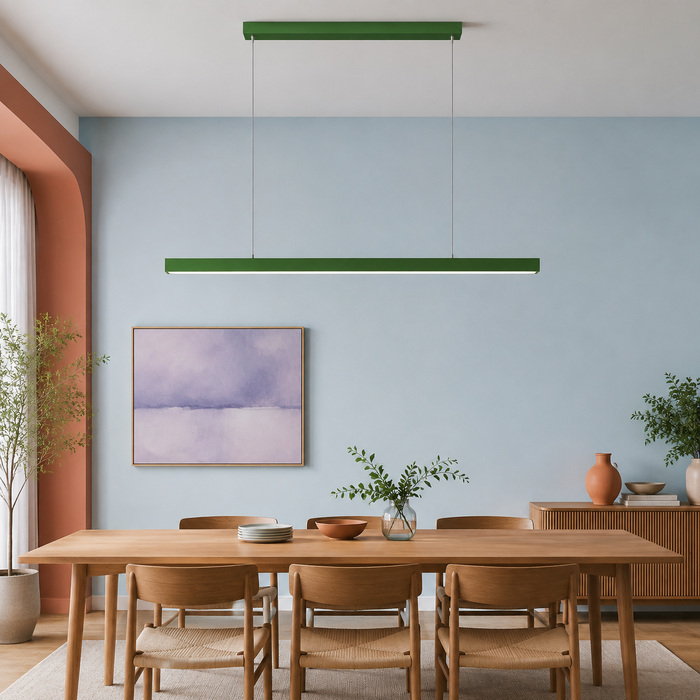 Green Edge pendant surrounded by deliberate ceiling and tabletop space