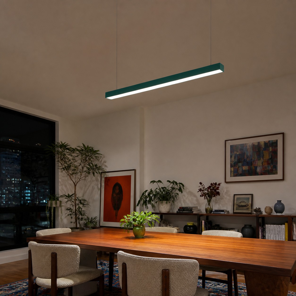 Green Edge pendant supported by useful evening lighting layers