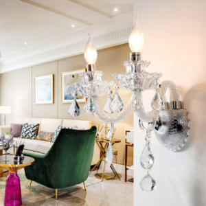 Candlestick Crystal Wall Light Product Size 1head:D15XH38cm 2heads:D30XH38cm Candlestick Crystal Wall Light Details Material: Metal/K9 crystal Light source: E14 Power: Max 40W Weight: 3kg/6.6lbs Finishes: white,clear Process: Die casting / paint Control method: push button switch (not dimmable) We provide 150cm/59″ wires . Can be extended upon request