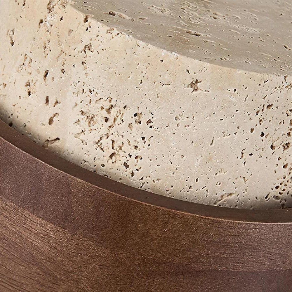 Complete travertine cylinder and walnut-toned ring detail